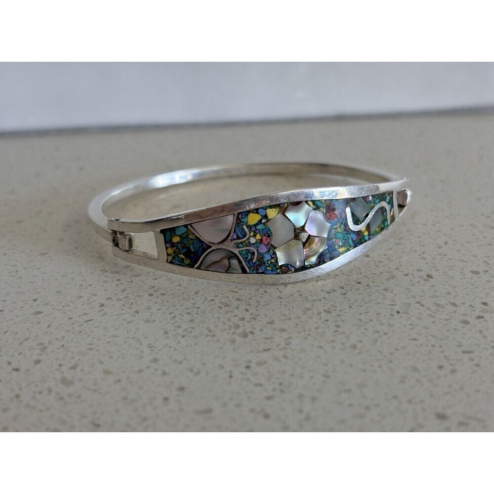 Vintage 925 Sterling Silver Abalone & Confetti Stone Inlay Mexico Bracelet 7"